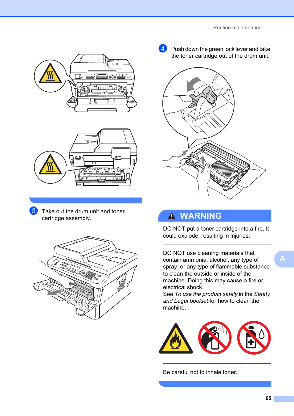 Warning, Be careful not to inhale toner, Routine maintenance 65 | Brother MFC 7860DW User Manual | Page 81 / 162