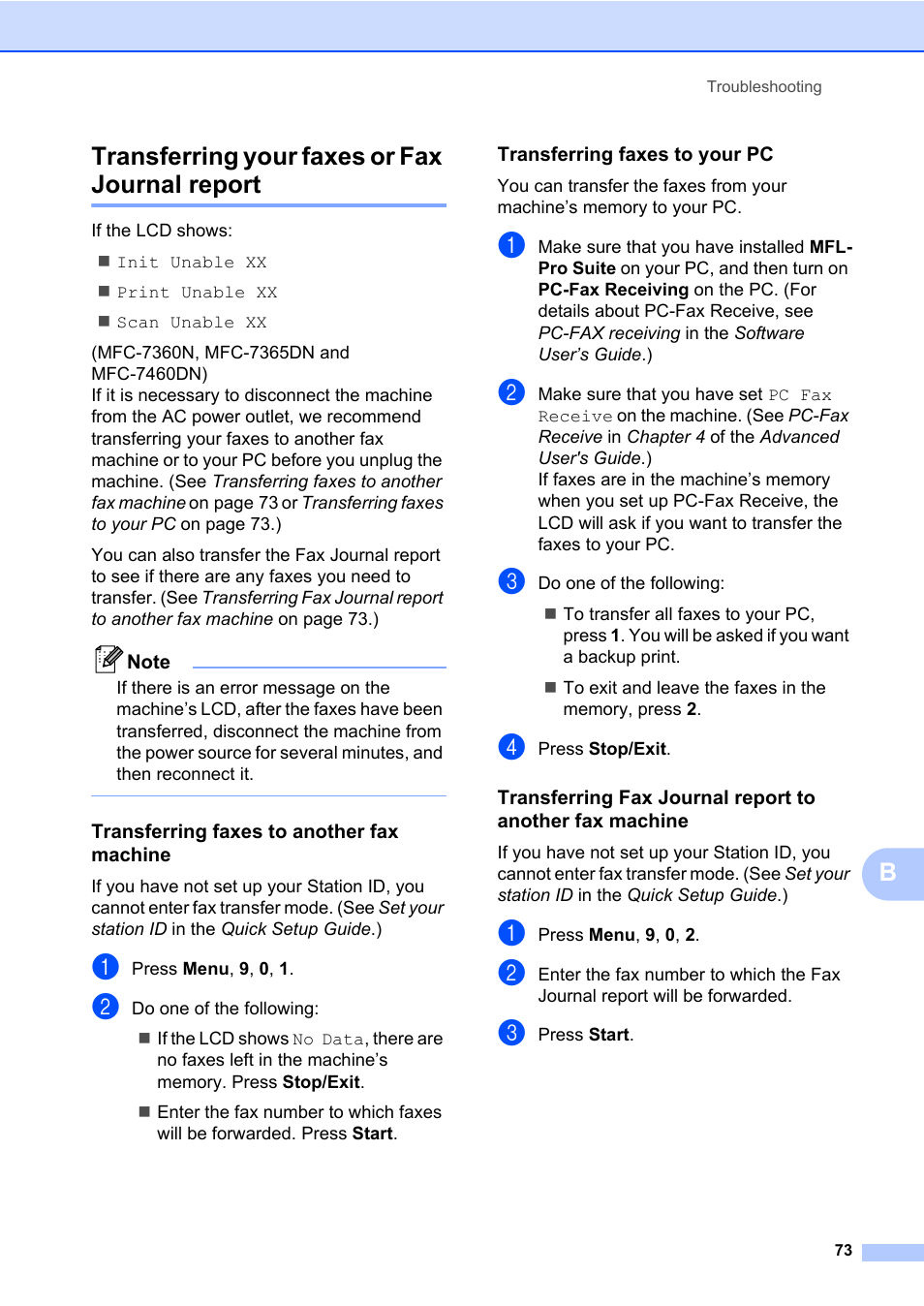 Transferring your faxes or fax journal report, Transferring faxes to another fax machine, Transferring faxes to your pc | Btransferring your faxes or fax journal report | Brother MFC 7860DW User Manual | Page 89 / 162