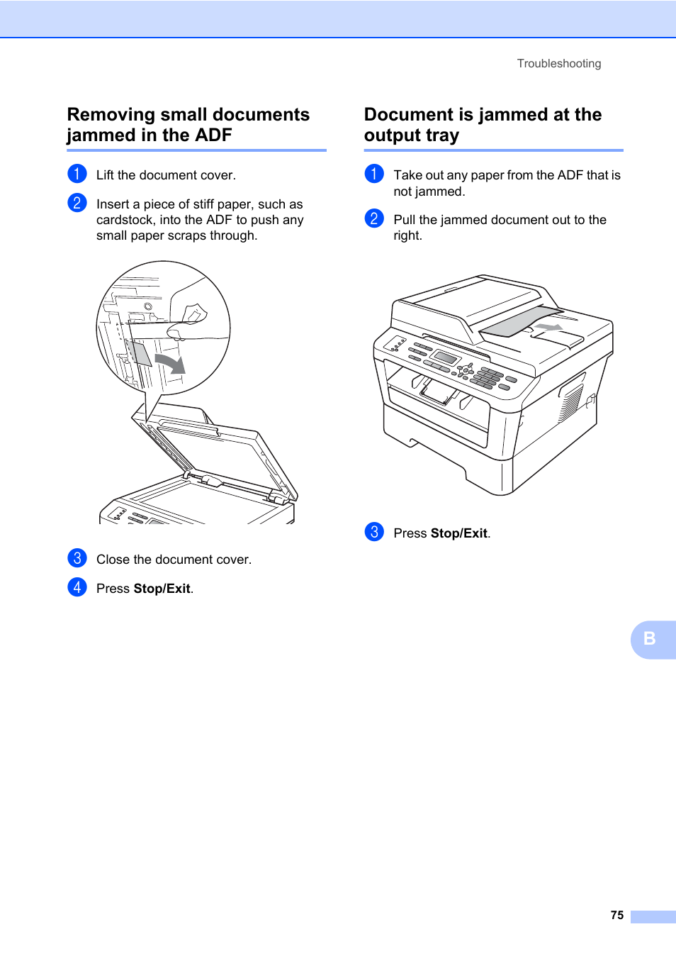 Removing small documents jammed in the adf, Document is jammed at the output tray, Bremoving small documents jammed in the adf | Brother MFC 7860DW User Manual | Page 91 / 162