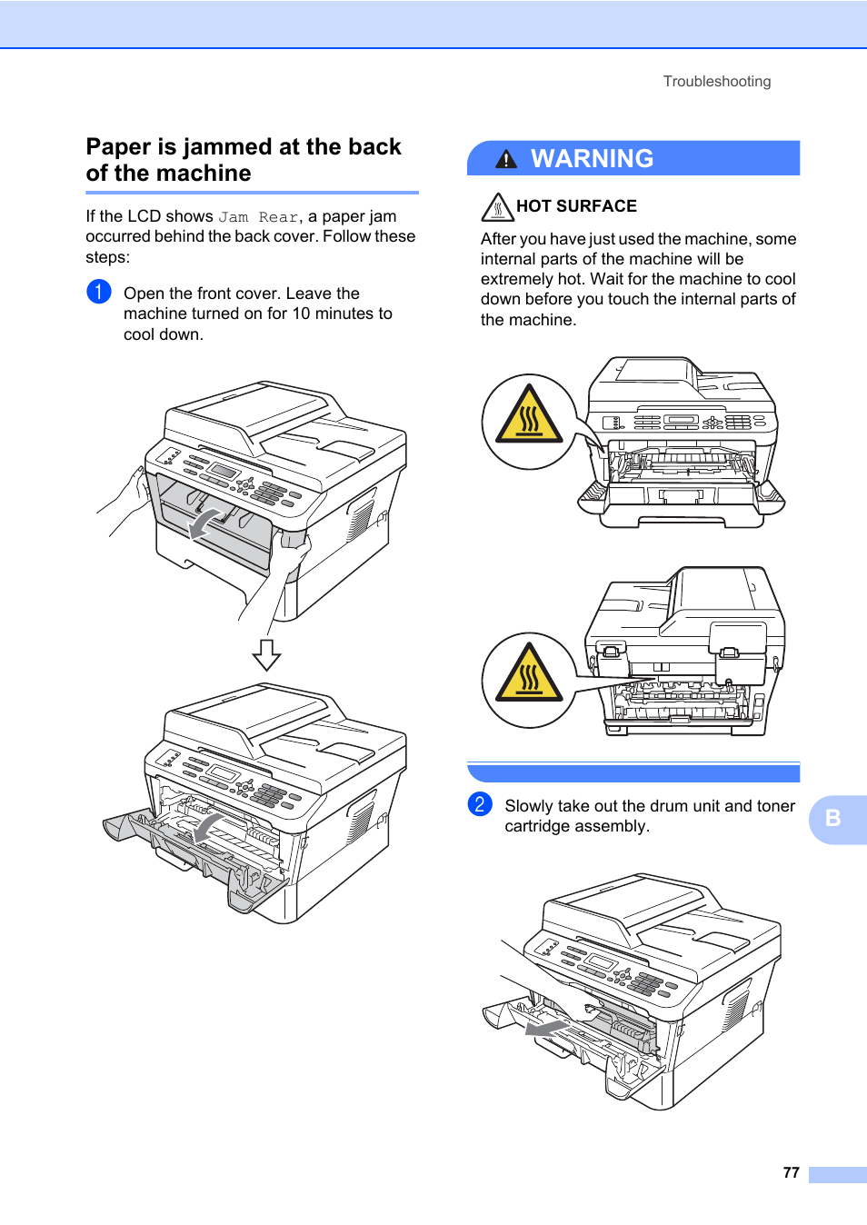 Paper is jammed at the back of the machine, Warning, Bpaper is jammed at the back of the machine | Brother MFC 7860DW User Manual | Page 93 / 162