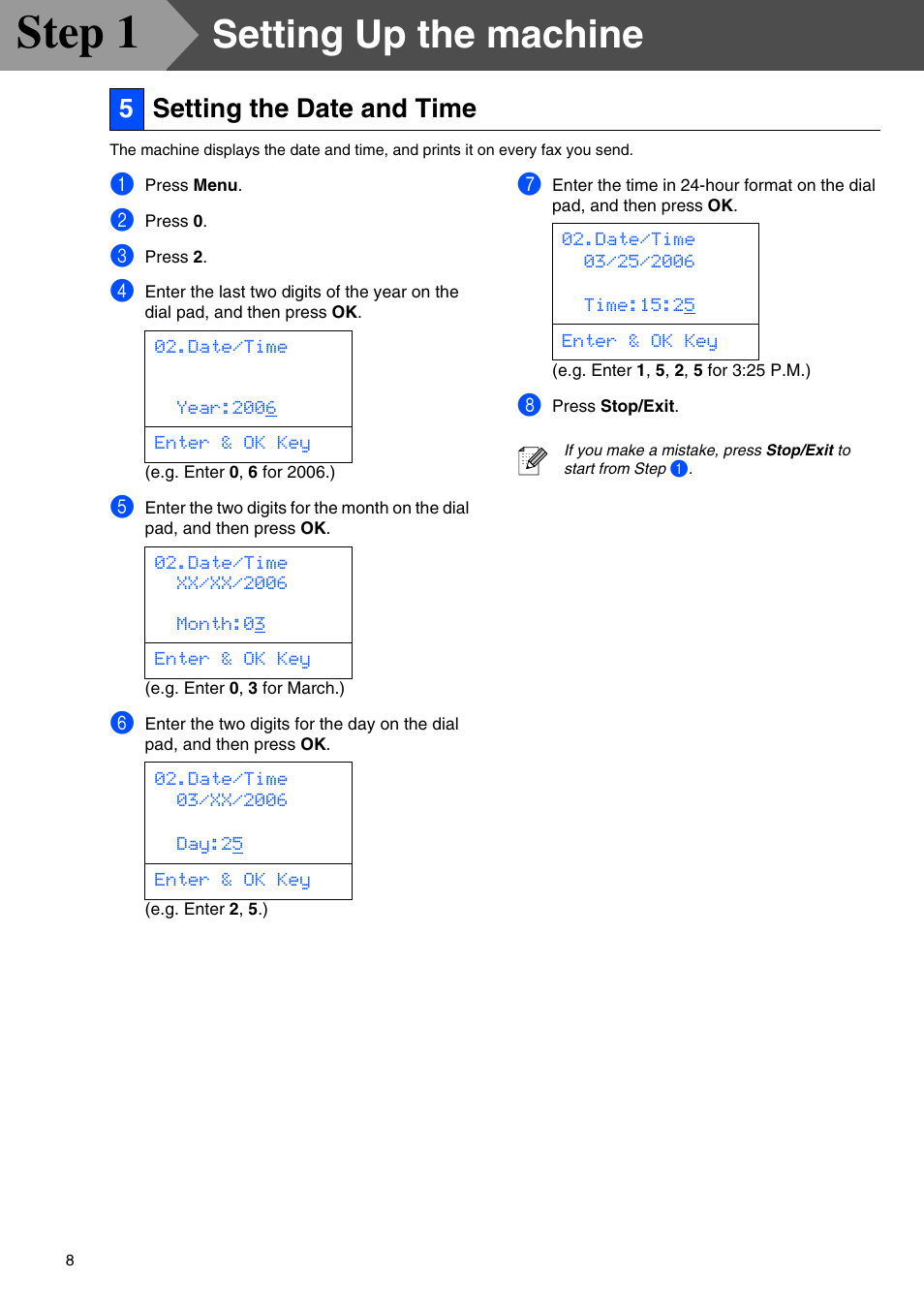 5 setting the date and time, Setting the date and time, Step 1 | Setting up the machine, 5setting the date and time | Brother MFC-8460N User Manual | Page 10 / 41