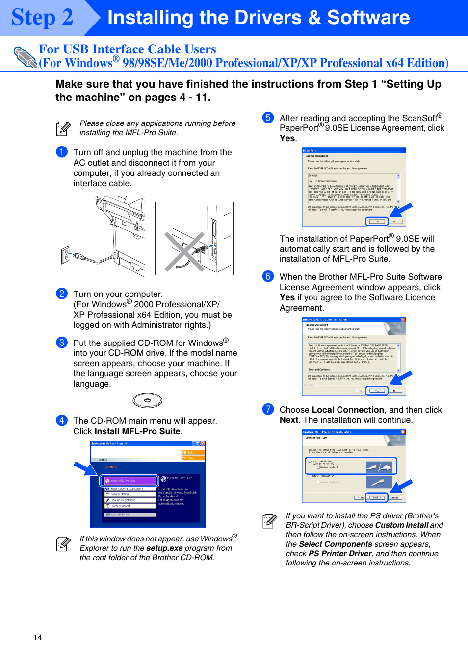 For usb interface cable users, For windows, Step 2 | Installing the drivers & software, For usb interface cable users (for windows | Brother MFC-8460N User Manual | Page 16 / 41