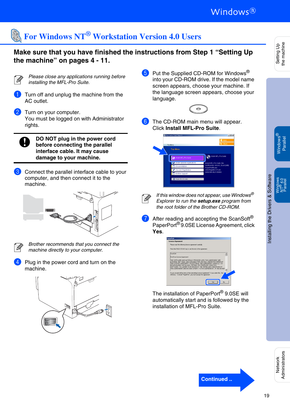 For windows nt® workstation version 4.0 users, For windows nt, Workstation version 4.0 users | Brother MFC-8460N User Manual | Page 21 / 41