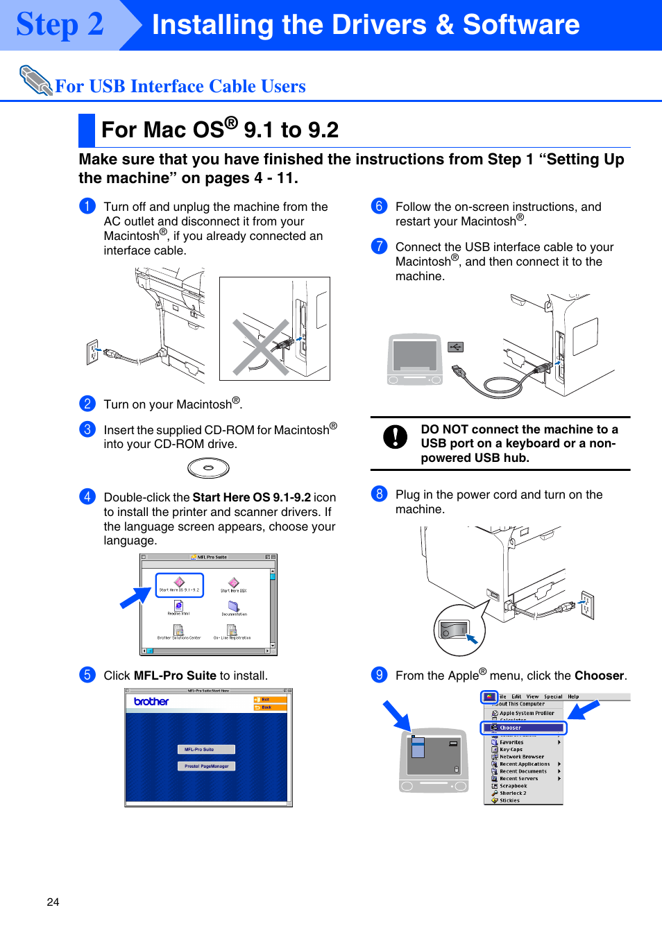 For usb interface cable users, For mac os® 9.1 to 9.2, For mac os | 1 to 9.2, Step 2, Installing the drivers & software | Brother MFC-8460N User Manual | Page 26 / 41