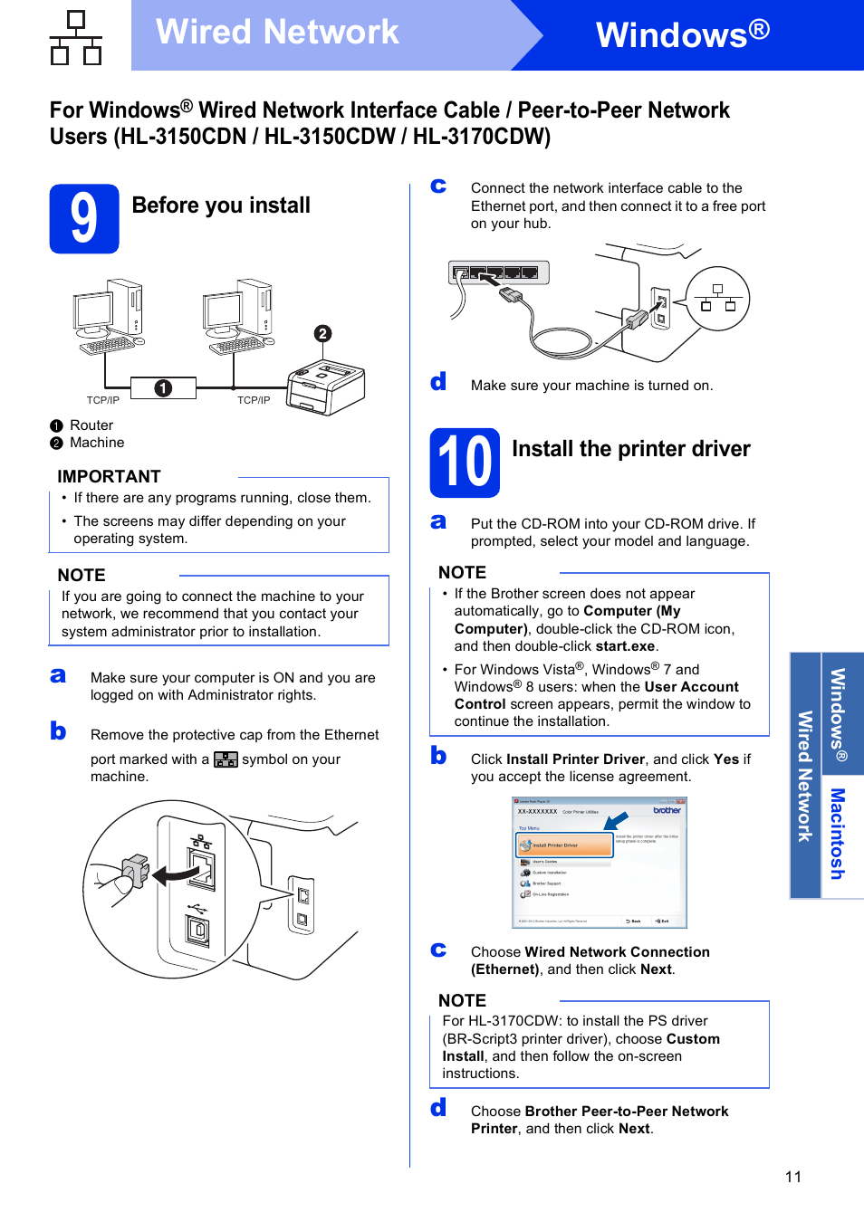 9 before you install, 10 install the printer driver, Windows | Wired network, For windows, Before you install, Install the printer driver | Brother HL-3140CW User Manual | Page 11 / 34