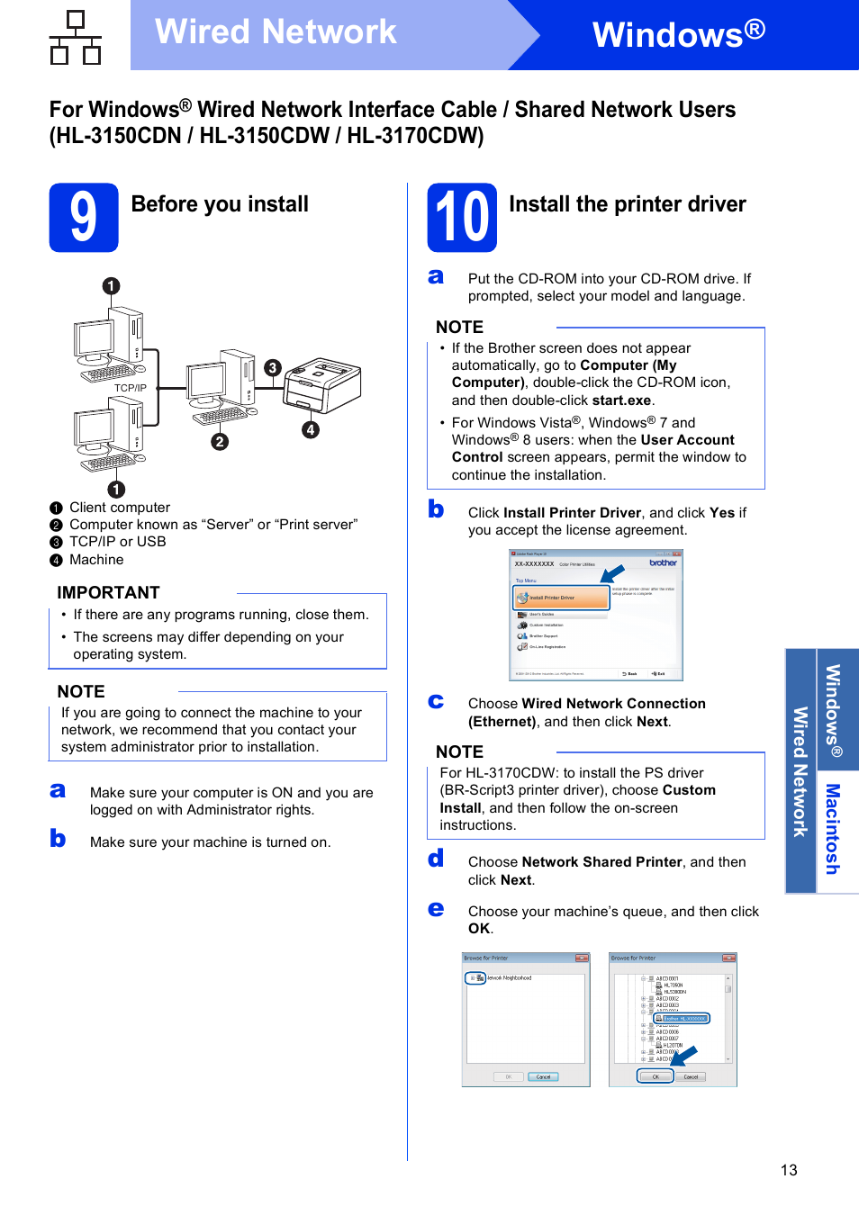 9 before you install, 10 install the printer driver, Windows | Wired network, For windows, Before you install, Install the printer driver | Brother HL-3140CW User Manual | Page 13 / 34