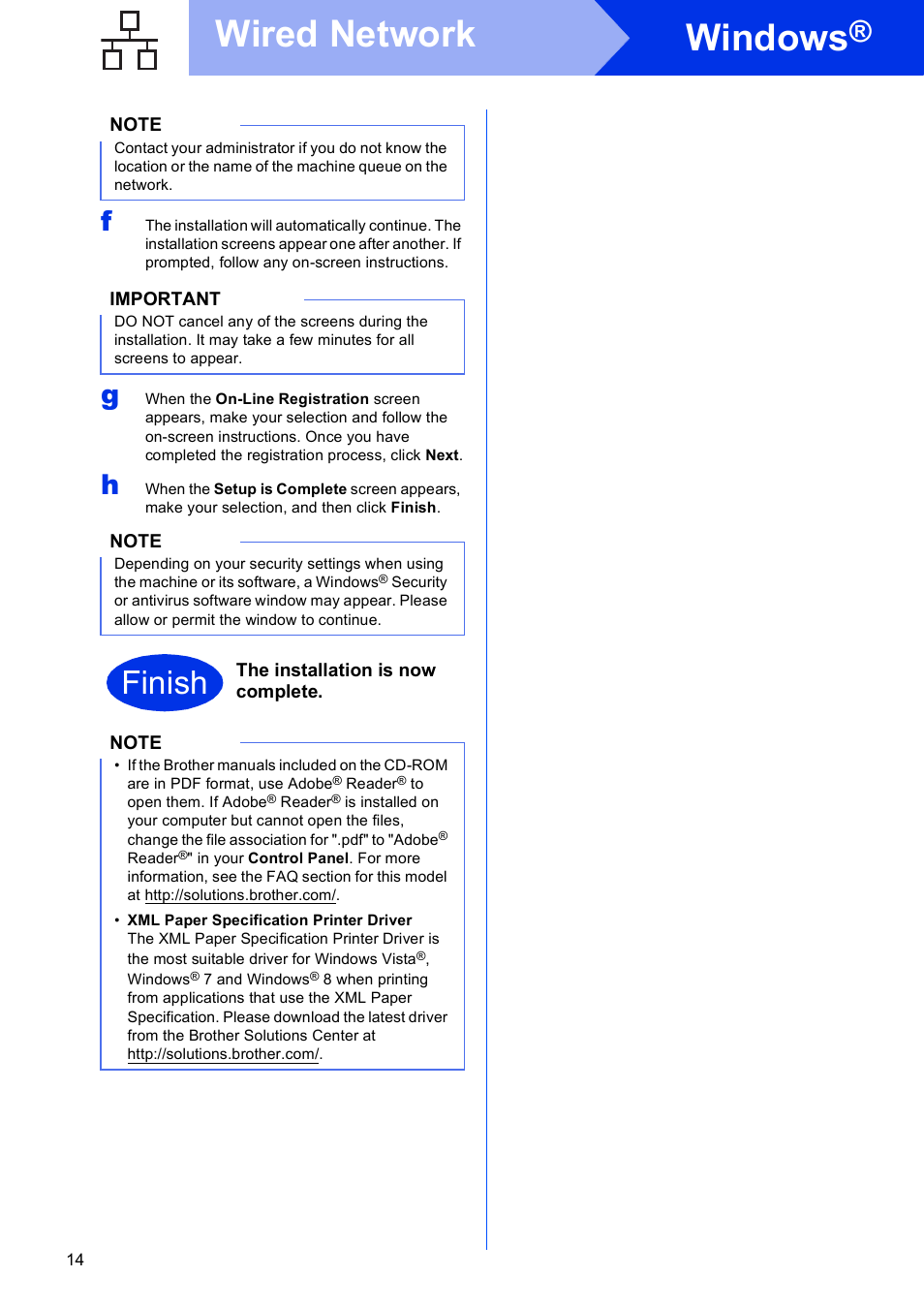 Windows, Wired network, Finish | Brother HL-3140CW User Manual | Page 14 / 34