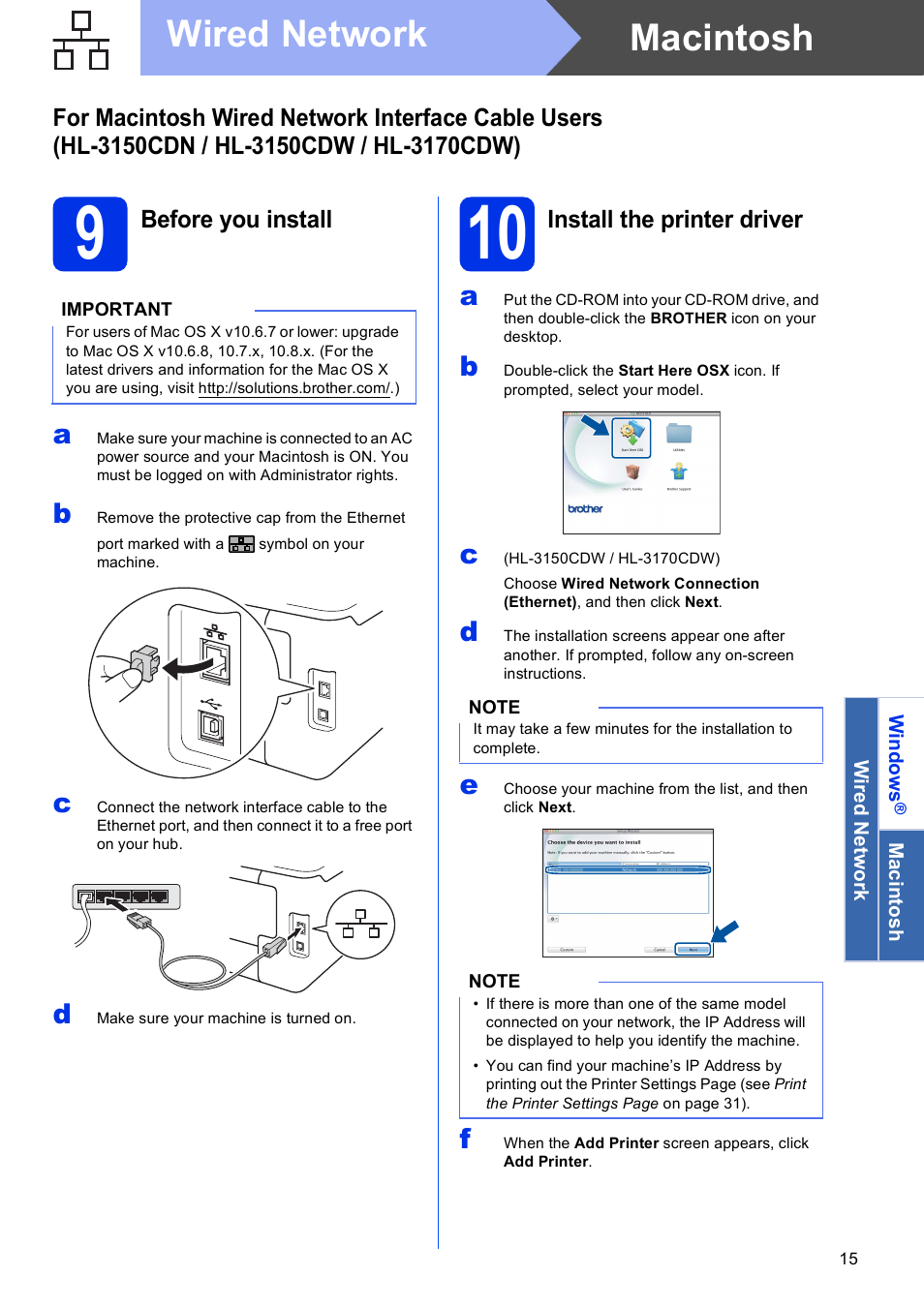 9 before you install, 10 install the printer driver, Macintosh | Wired network | Brother HL-3140CW User Manual | Page 15 / 34