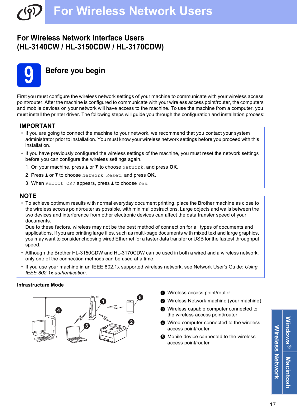 9 before you begin, For wireless network users, Before you begin | Brother HL-3140CW User Manual | Page 17 / 34