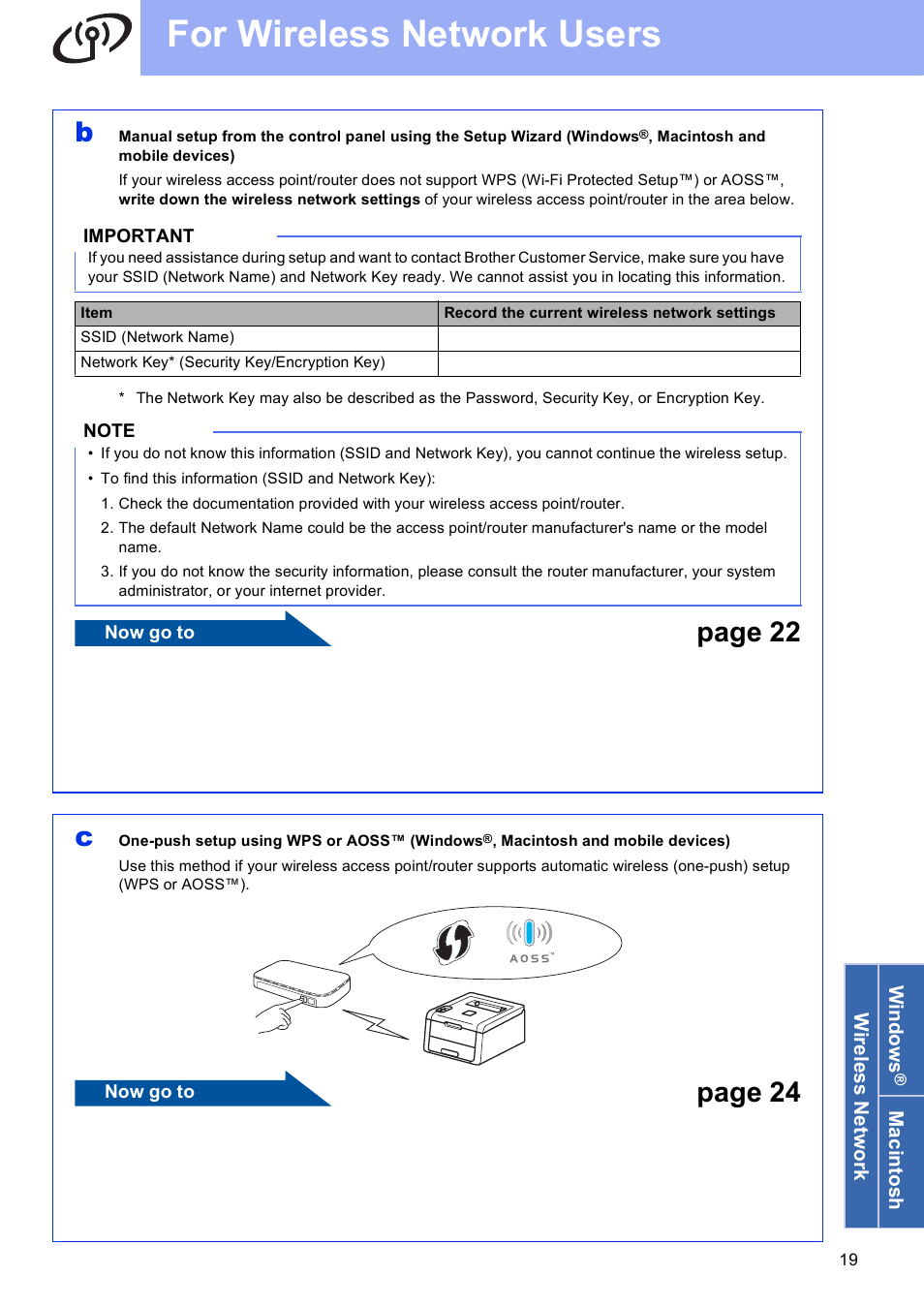 For wireless network users, Page 22, Page 24 | Brother HL-3140CW User Manual | Page 19 / 34