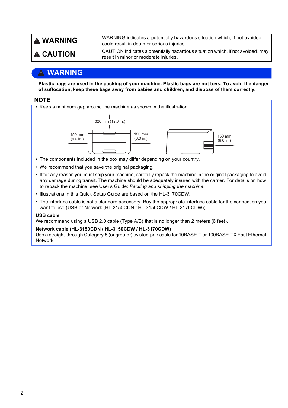 Warning, Caution | Brother HL-3140CW User Manual | Page 2 / 34