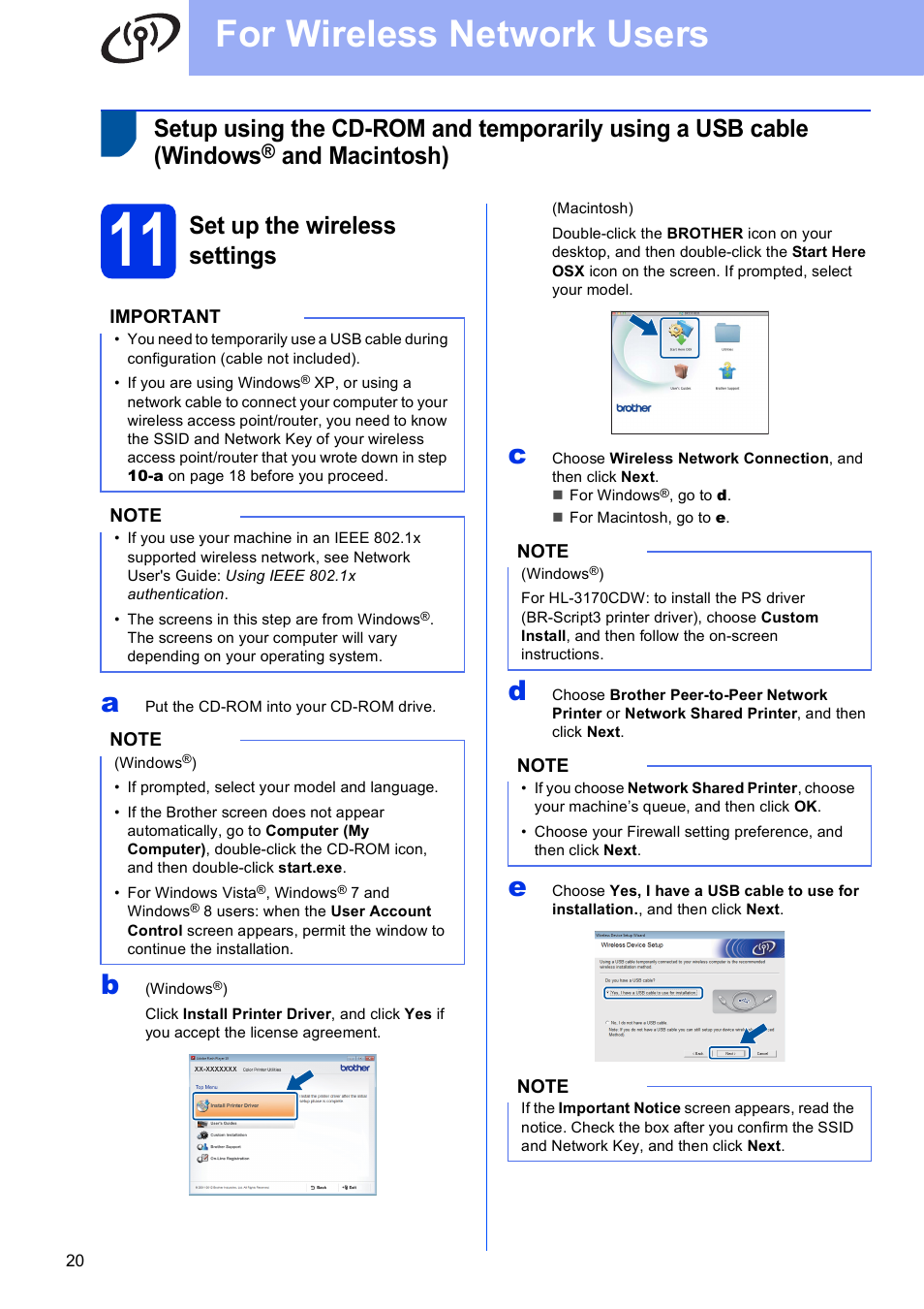 11 set up the wireless settings, For wireless network users, And macintosh) | Set up the wireless settings | Brother HL-3140CW User Manual | Page 20 / 34