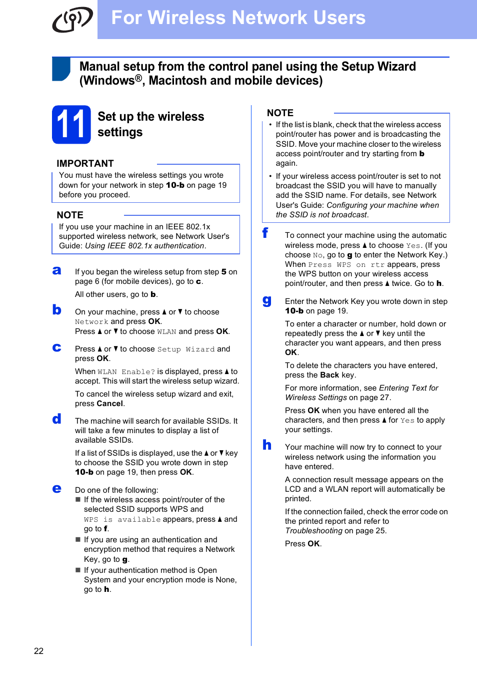 11 set up the wireless settings, For wireless network users, Macintosh and mobile devices) | Set up the wireless settings | Brother HL-3140CW User Manual | Page 22 / 34