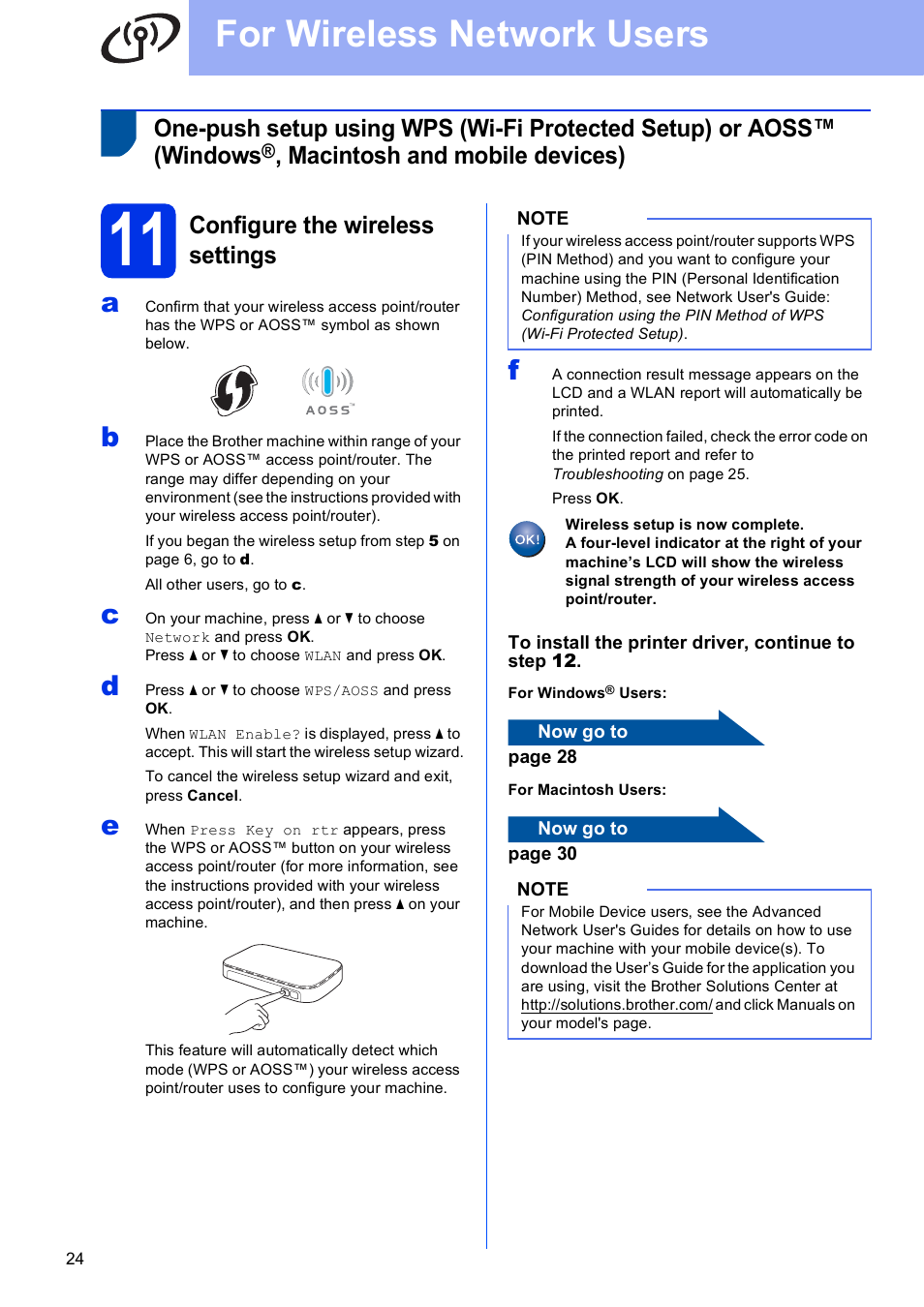 11 configure the wireless settings, For wireless network users, Macintosh and mobile devices) | Configure the wireless settings | Brother HL-3140CW User Manual | Page 24 / 34