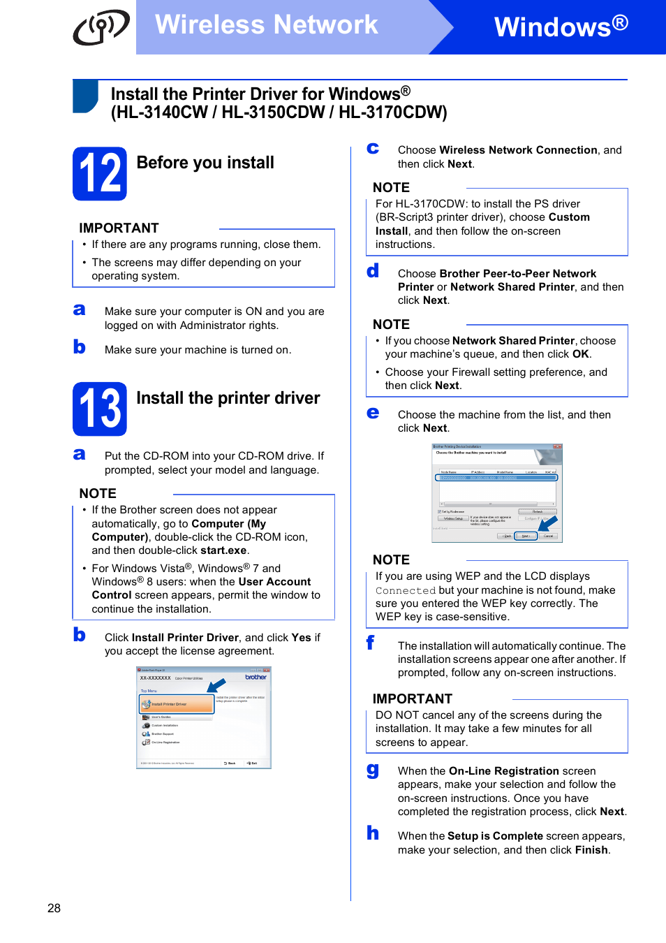 12 before you install, 13 install the printer driver, Windows | Wireless network | Brother HL-3140CW User Manual | Page 28 / 34