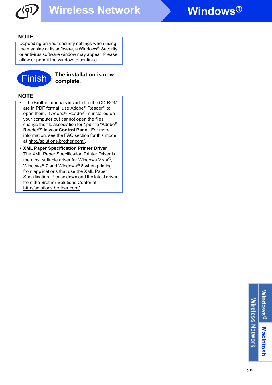 Windows, Wireless network, Finish | Brother HL-3140CW User Manual | Page 29 / 34