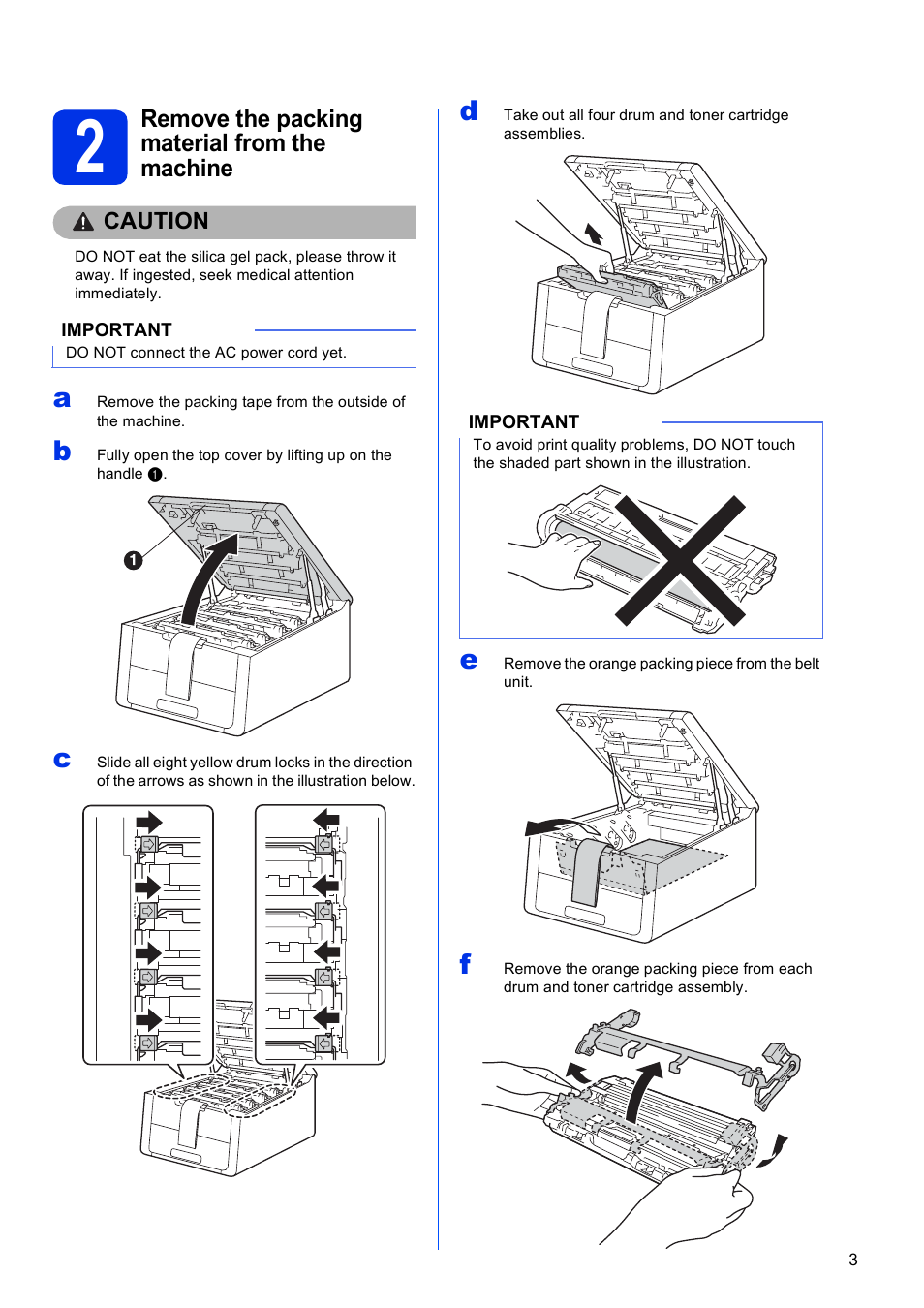 2 remove the packing material from the machine | Brother HL-3140CW User Manual | Page 3 / 34