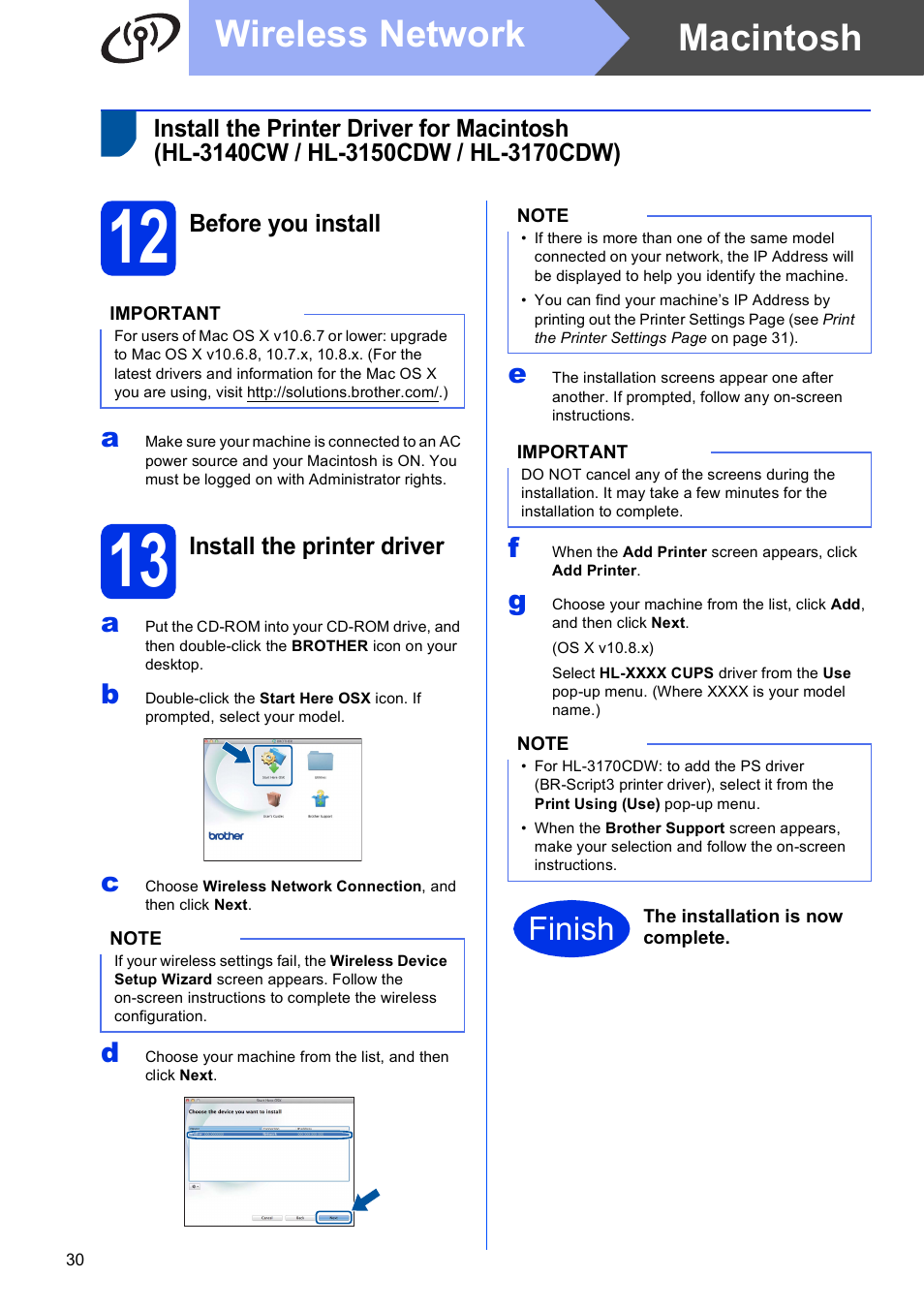 12 before you install, 13 install the printer driver, D on | Macintosh, Wireless network, Finish | Brother HL-3140CW User Manual | Page 30 / 34