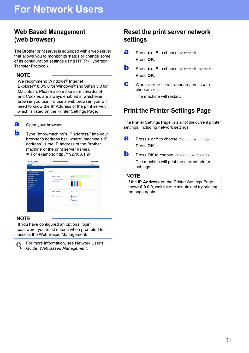 For network users, Web based management (web browser), Reset the print server network settings | Print the printer settings page | Brother HL-3140CW User Manual | Page 31 / 34