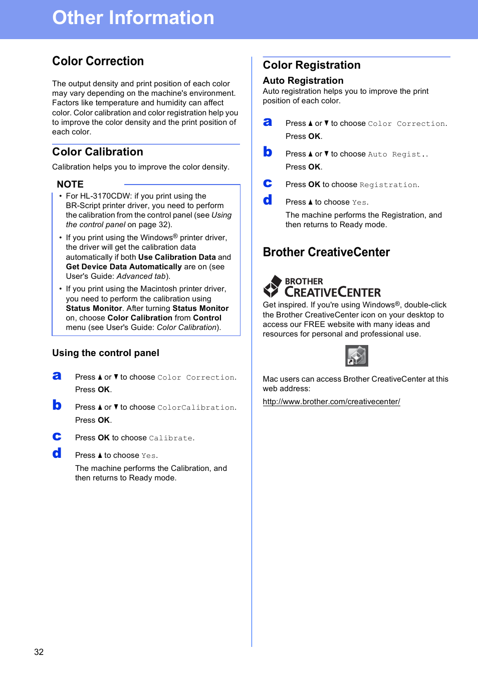 Other information, Color correction, Color calibration | Color registration, Brother creativecenter | Brother HL-3140CW User Manual | Page 32 / 34