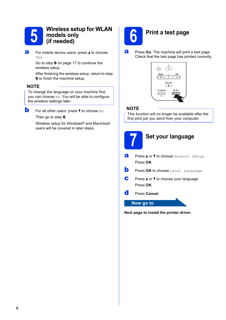 5 wireless setup for wlan models only (if needed), 7 set your language | Brother HL-3140CW User Manual | Page 6 / 34