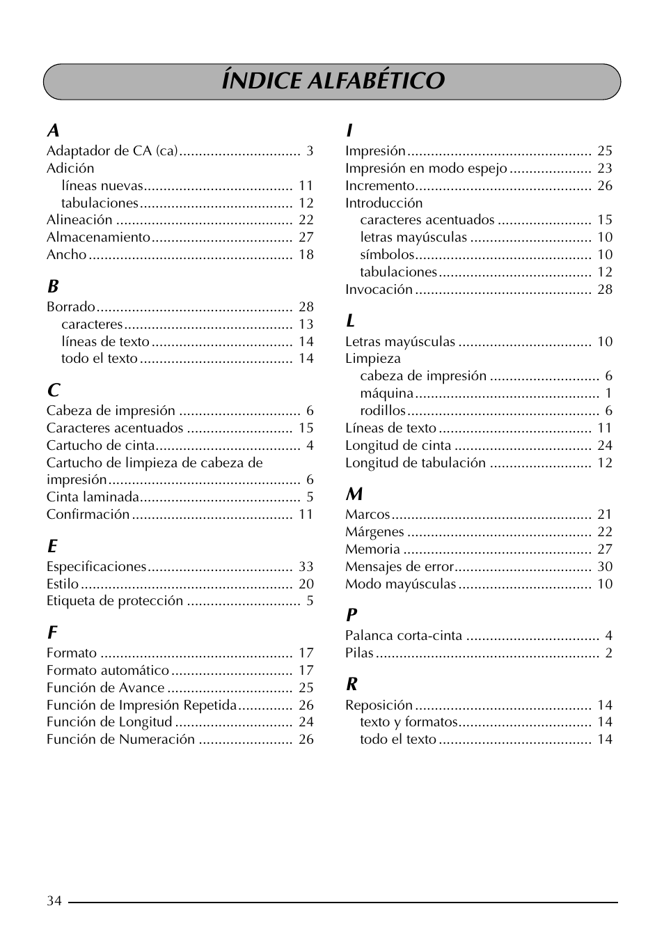 Índice alfabético | Brother PT-1960 User Manual | Page 100 / 104