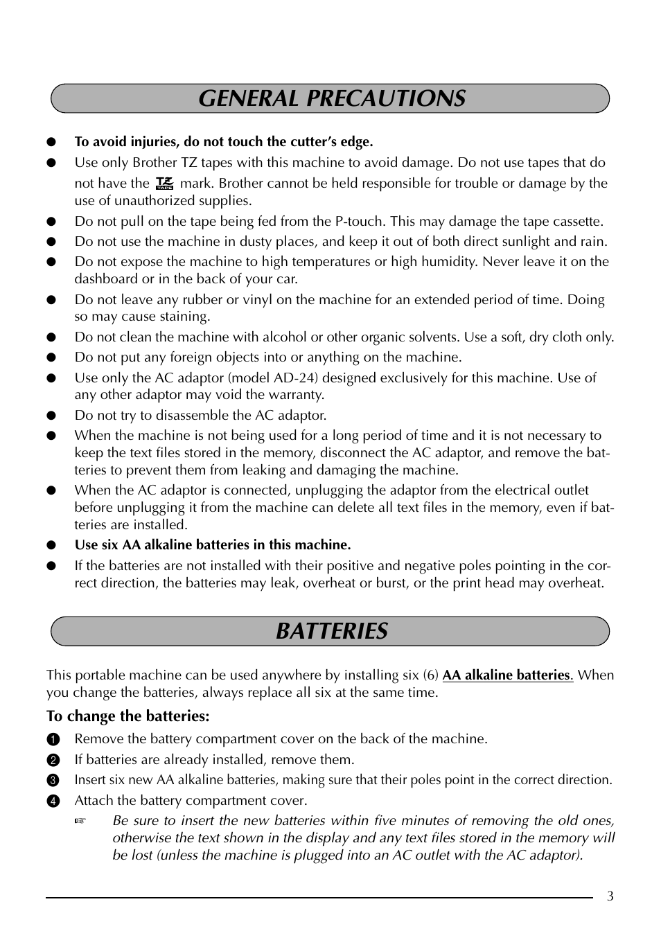 General precautions batteries | Brother PT-1960 User Manual | Page 11 / 104