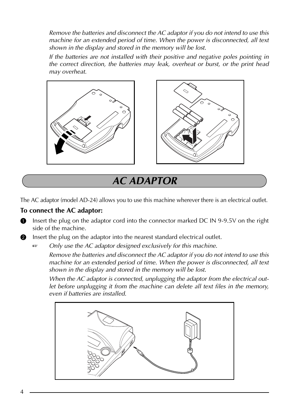 Ac adaptor | Brother PT-1960 User Manual | Page 12 / 104