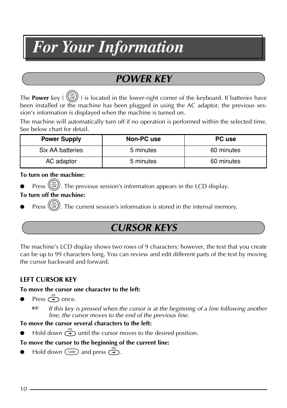 For your information, Power key cursor keys | Brother PT-1960 User Manual | Page 18 / 104