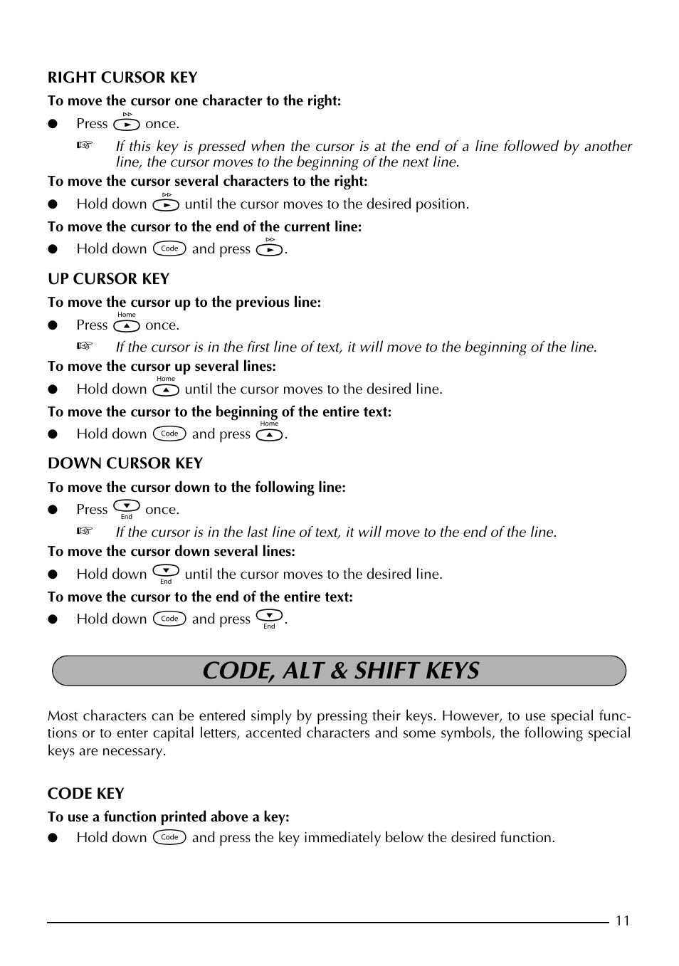 Code, alt & shift keys | Brother PT-1960 User Manual | Page 19 / 104