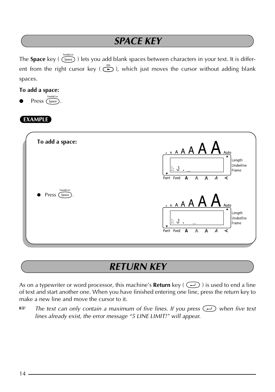 Space key, Return key | Brother PT-1960 User Manual | Page 22 / 104