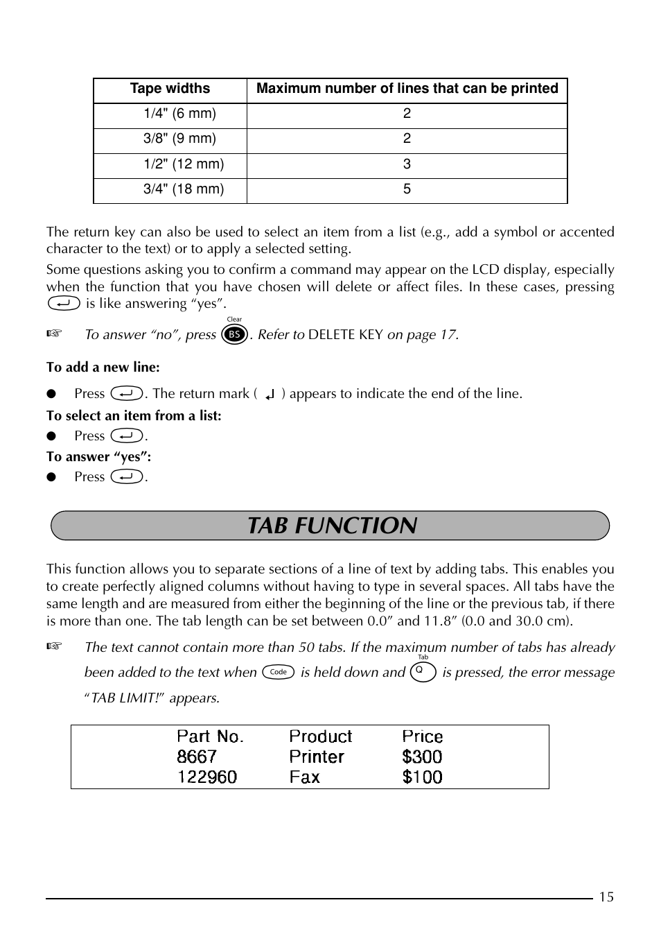 Tab function | Brother PT-1960 User Manual | Page 23 / 104