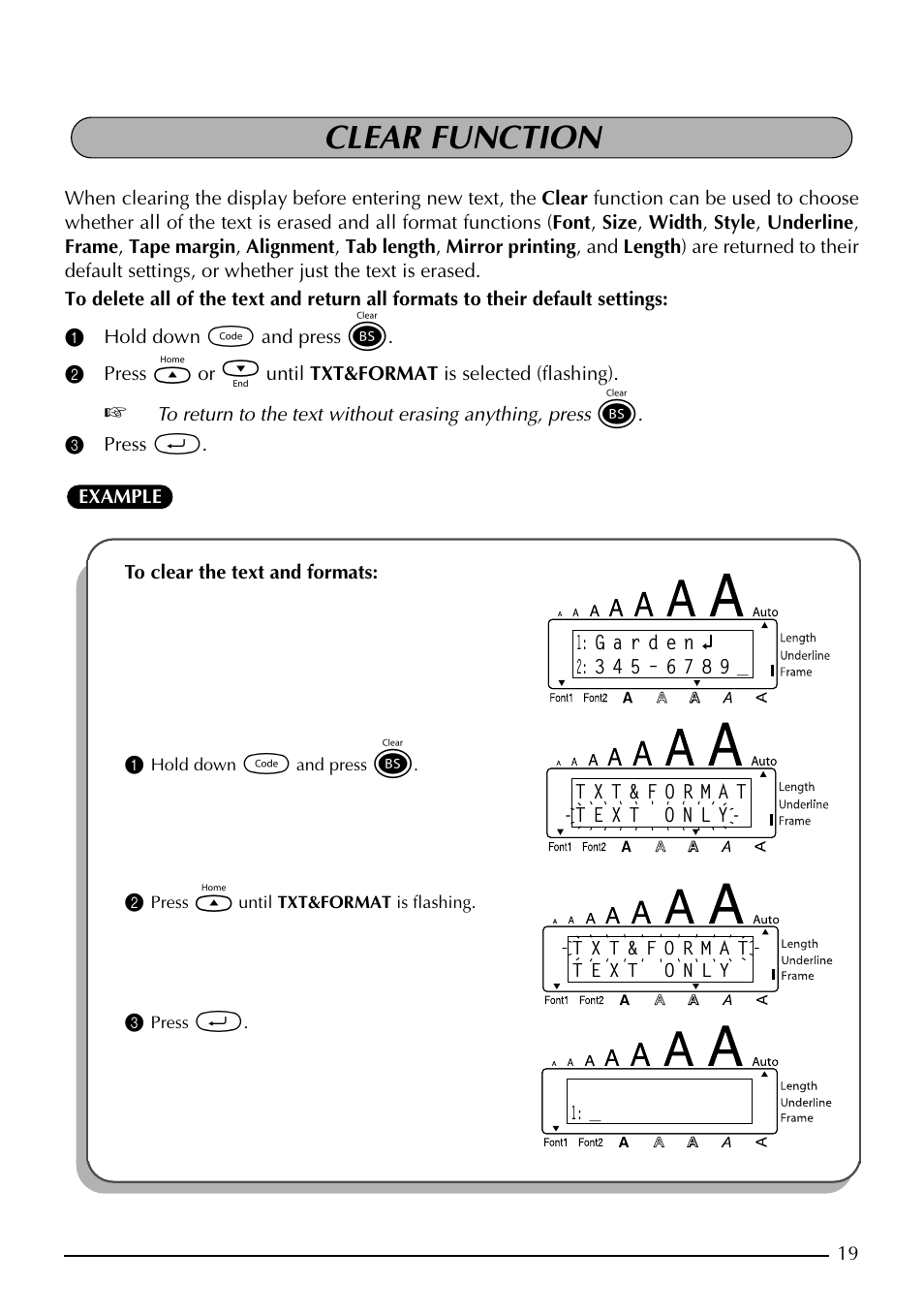 Clear function | Brother PT-1960 User Manual | Page 27 / 104