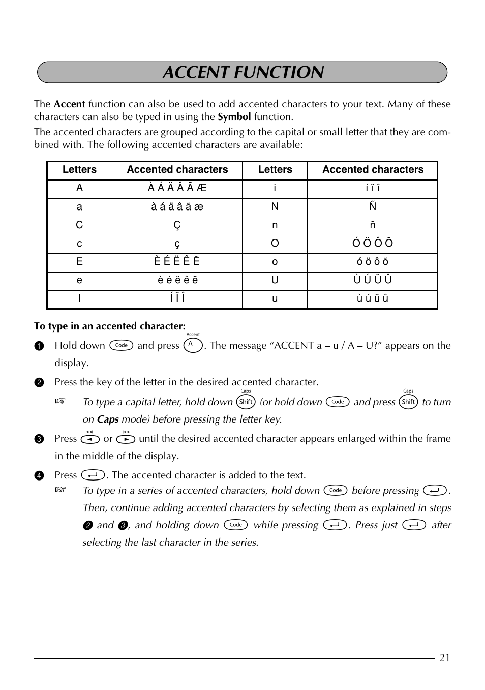Accent function | Brother PT-1960 User Manual | Page 29 / 104