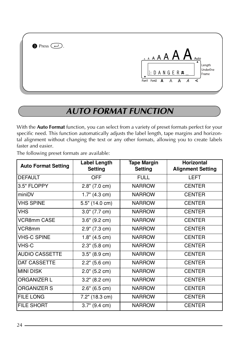 Auto format function | Brother PT-1960 User Manual | Page 32 / 104