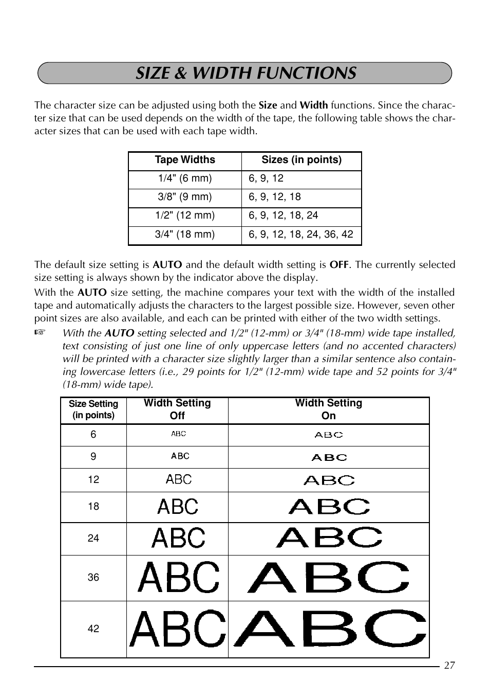 Size & width functions | Brother PT-1960 User Manual | Page 35 / 104