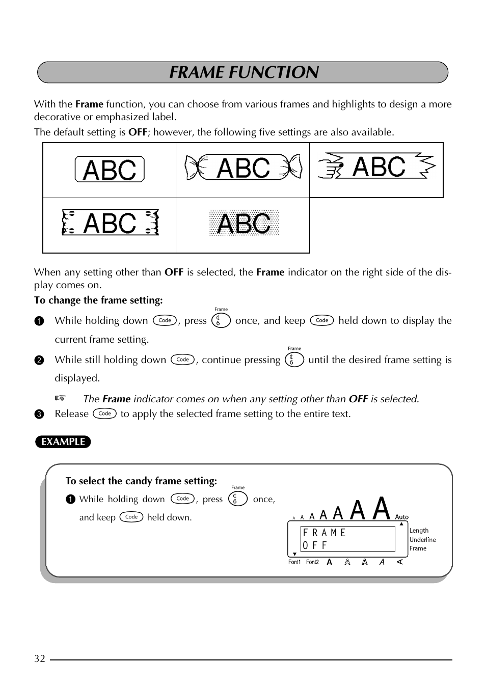 Frame function | Brother PT-1960 User Manual | Page 40 / 104