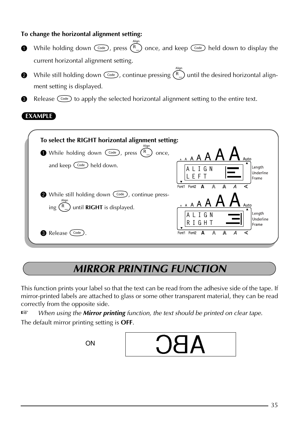 Mirror printing function | Brother PT-1960 User Manual | Page 43 / 104