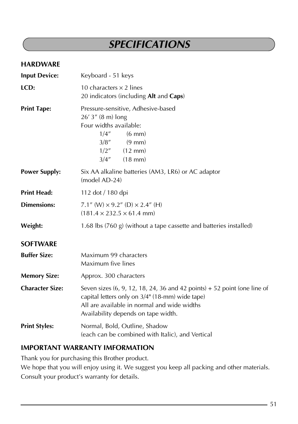 Specifications | Brother PT-1960 User Manual | Page 59 / 104