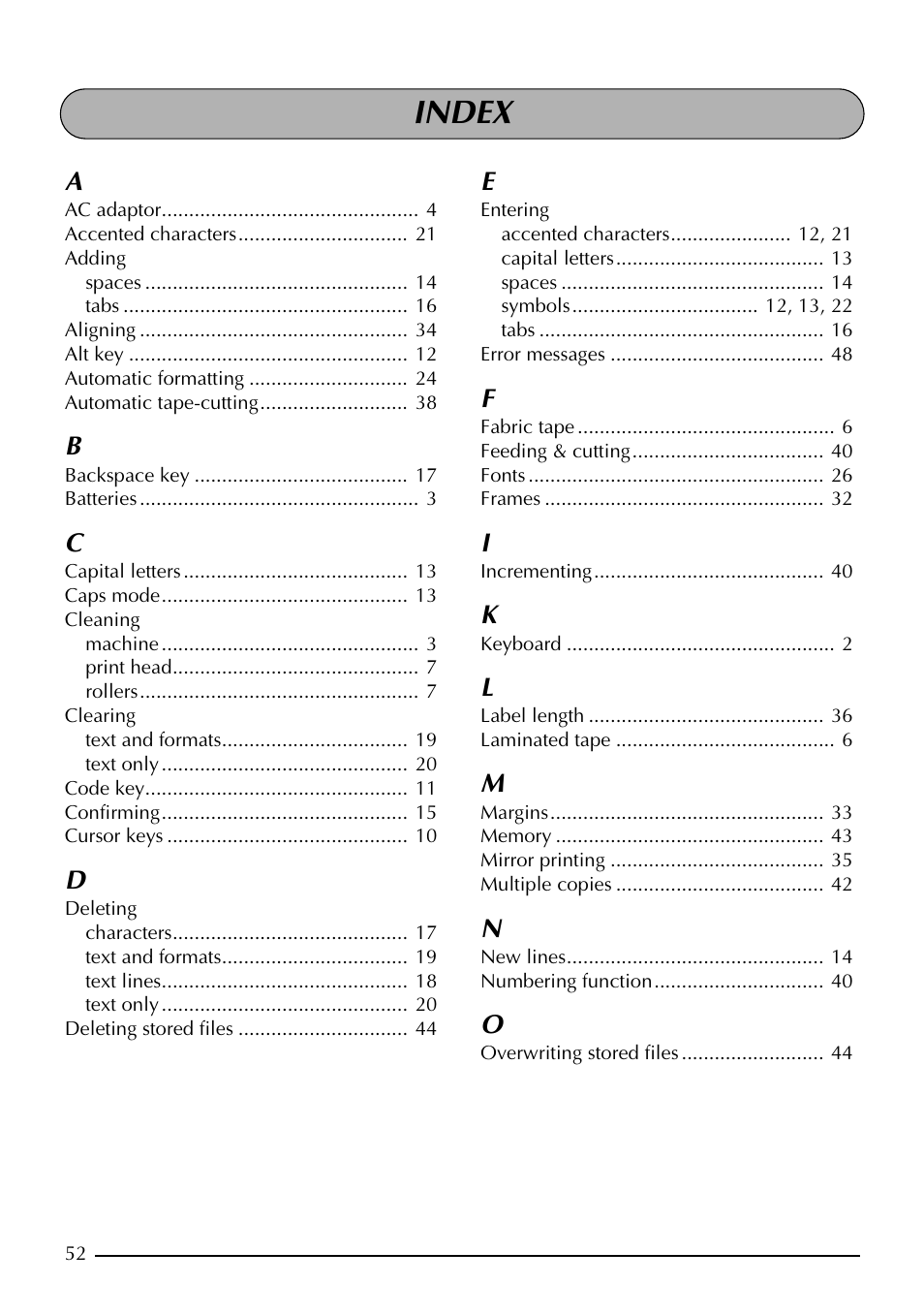 Index | Brother PT-1960 User Manual | Page 60 / 104