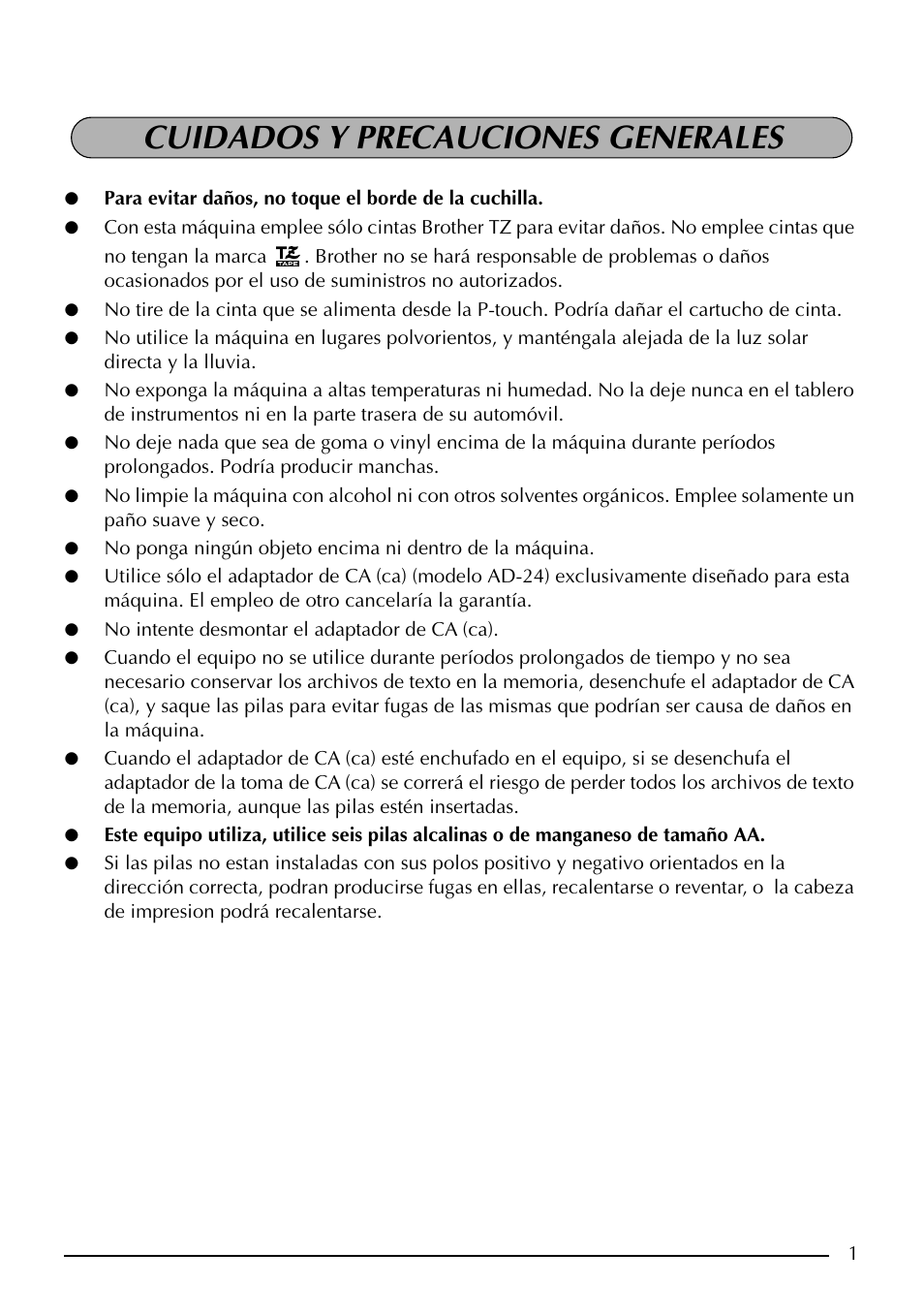 Cuidados y precauciones generales | Brother PT-1960 User Manual | Page 67 / 104