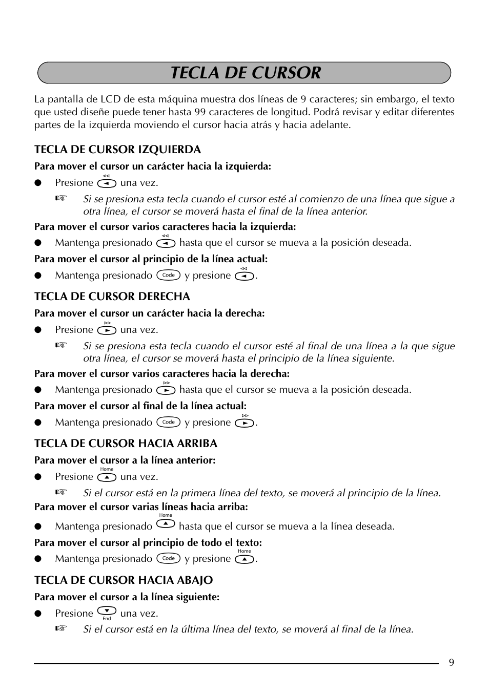 Tecla de cursor | Brother PT-1960 User Manual | Page 75 / 104