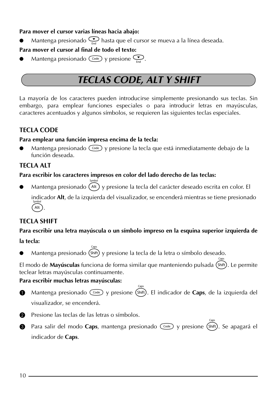 Teclas code, alt y shift | Brother PT-1960 User Manual | Page 76 / 104