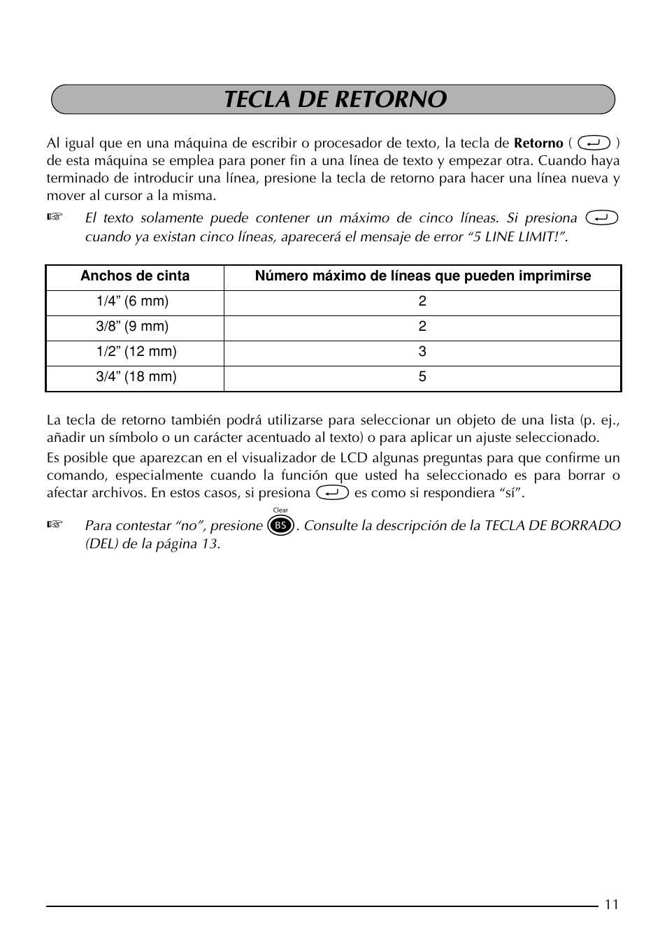 Tecla de retorno | Brother PT-1960 User Manual | Page 77 / 104