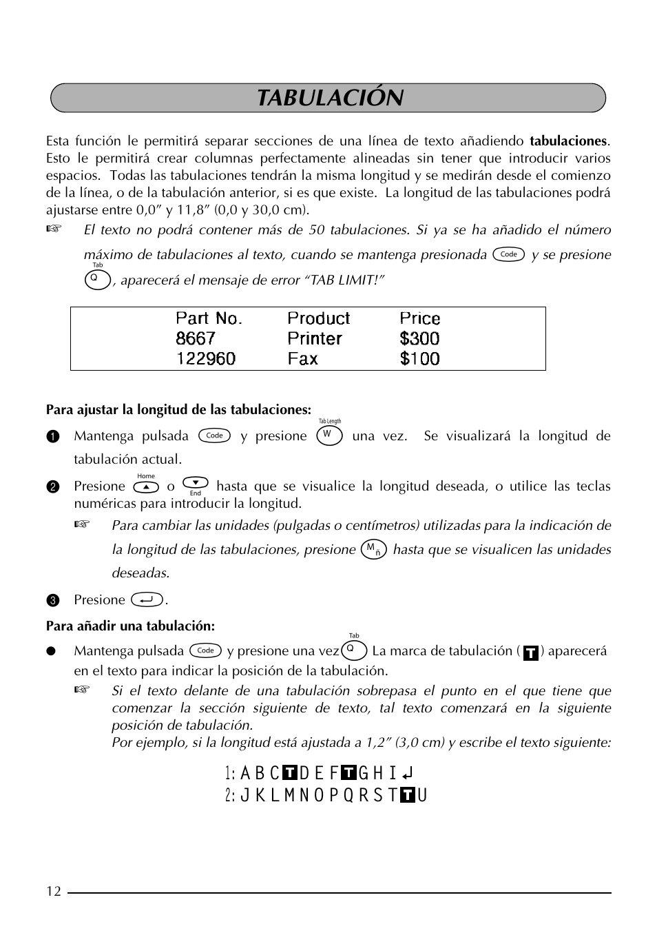 Tabulación | Brother PT-1960 User Manual | Page 78 / 104