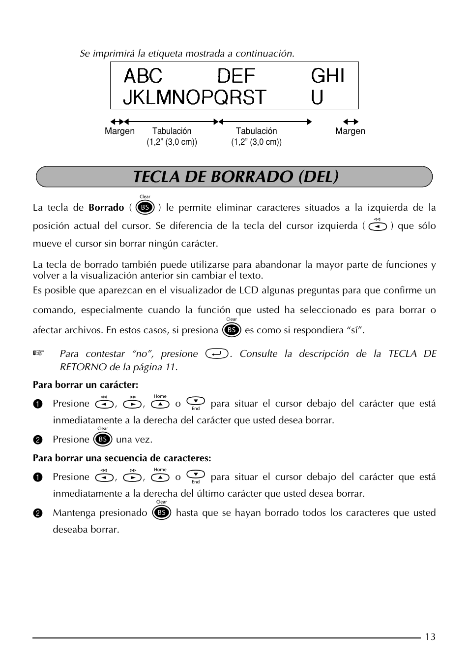 Tecla de borrado (del) | Brother PT-1960 User Manual | Page 79 / 104