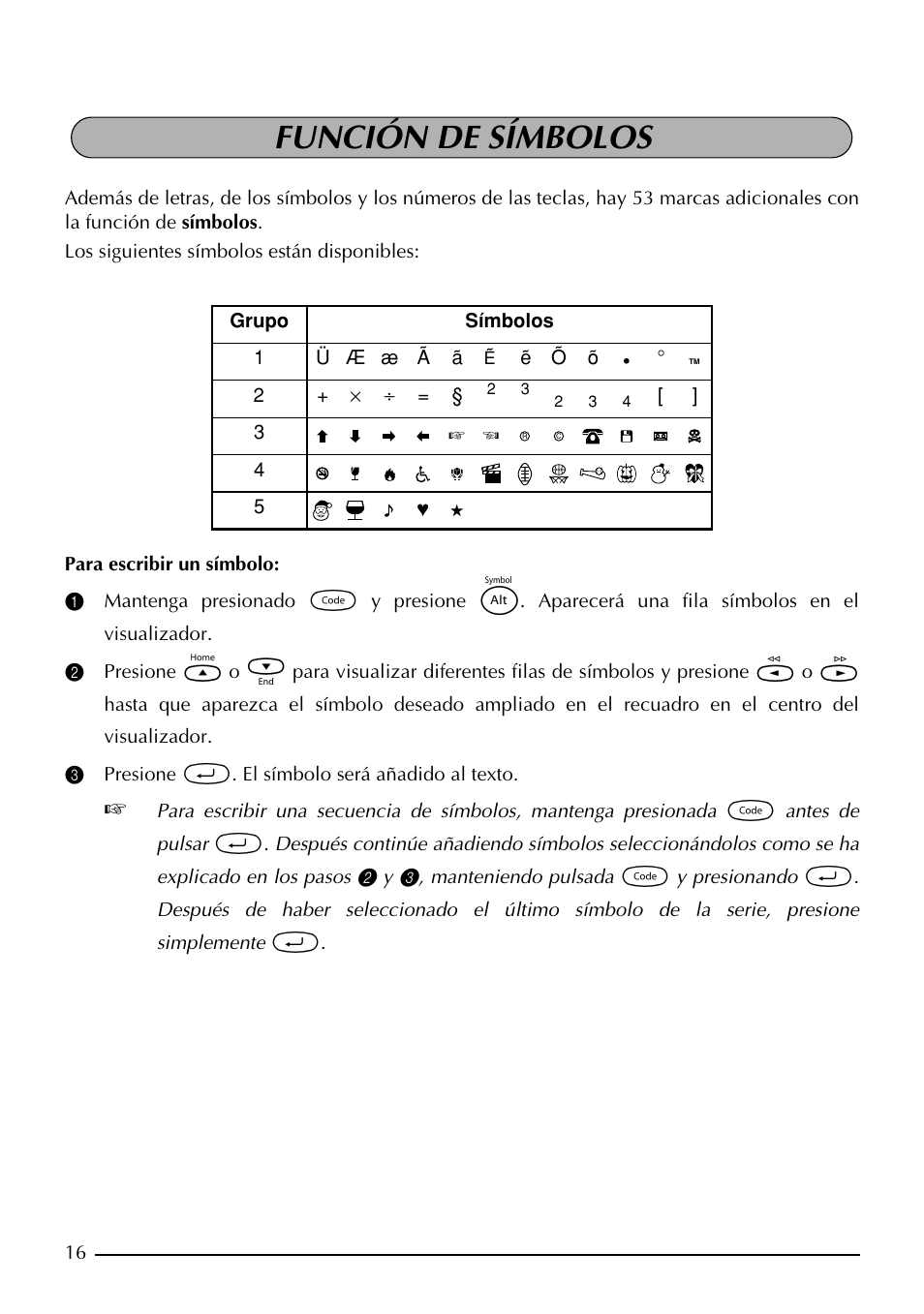 Función de símbolos | Brother PT-1960 User Manual | Page 82 / 104