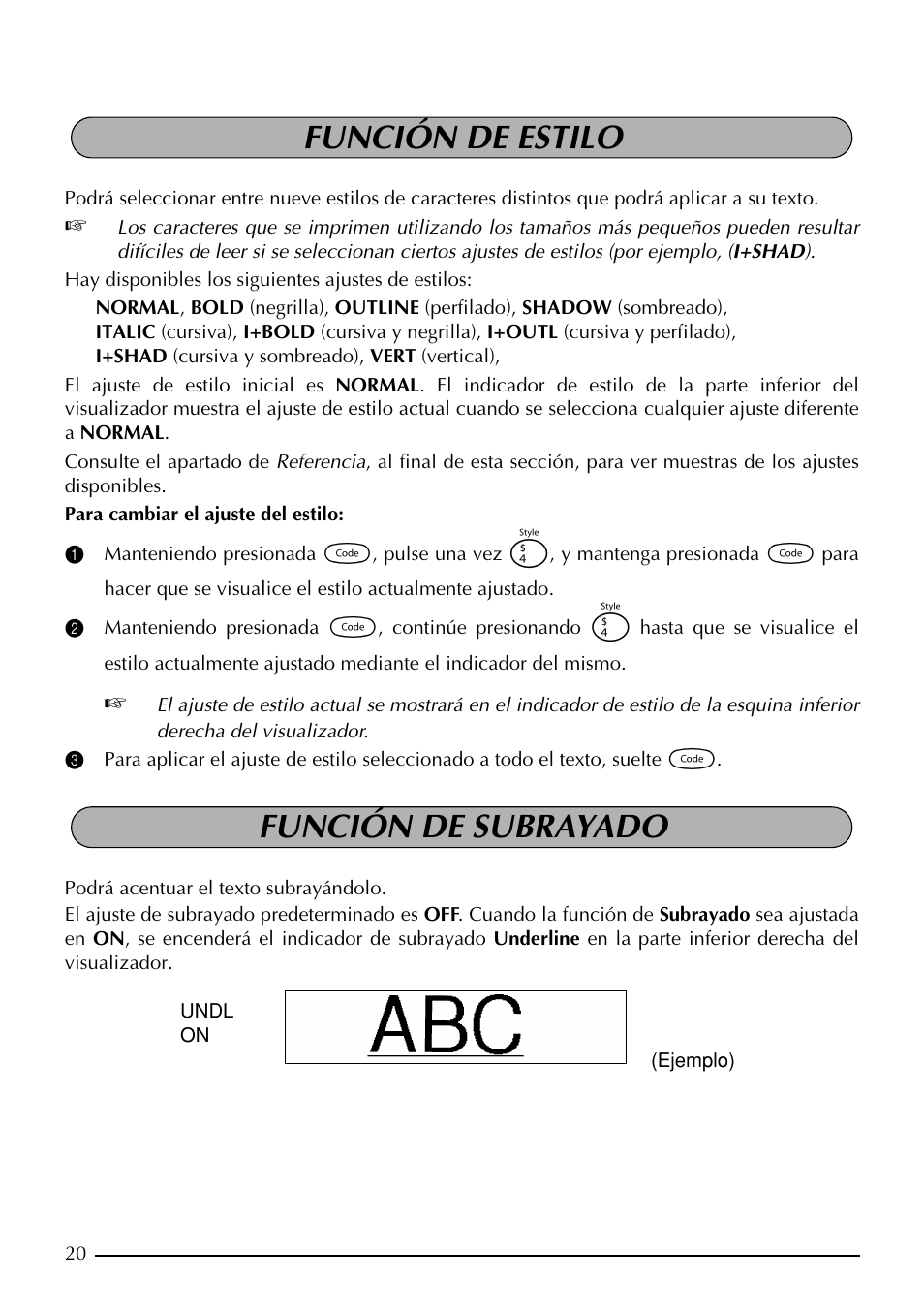 Función de estilo función de subrayado | Brother PT-1960 User Manual | Page 86 / 104