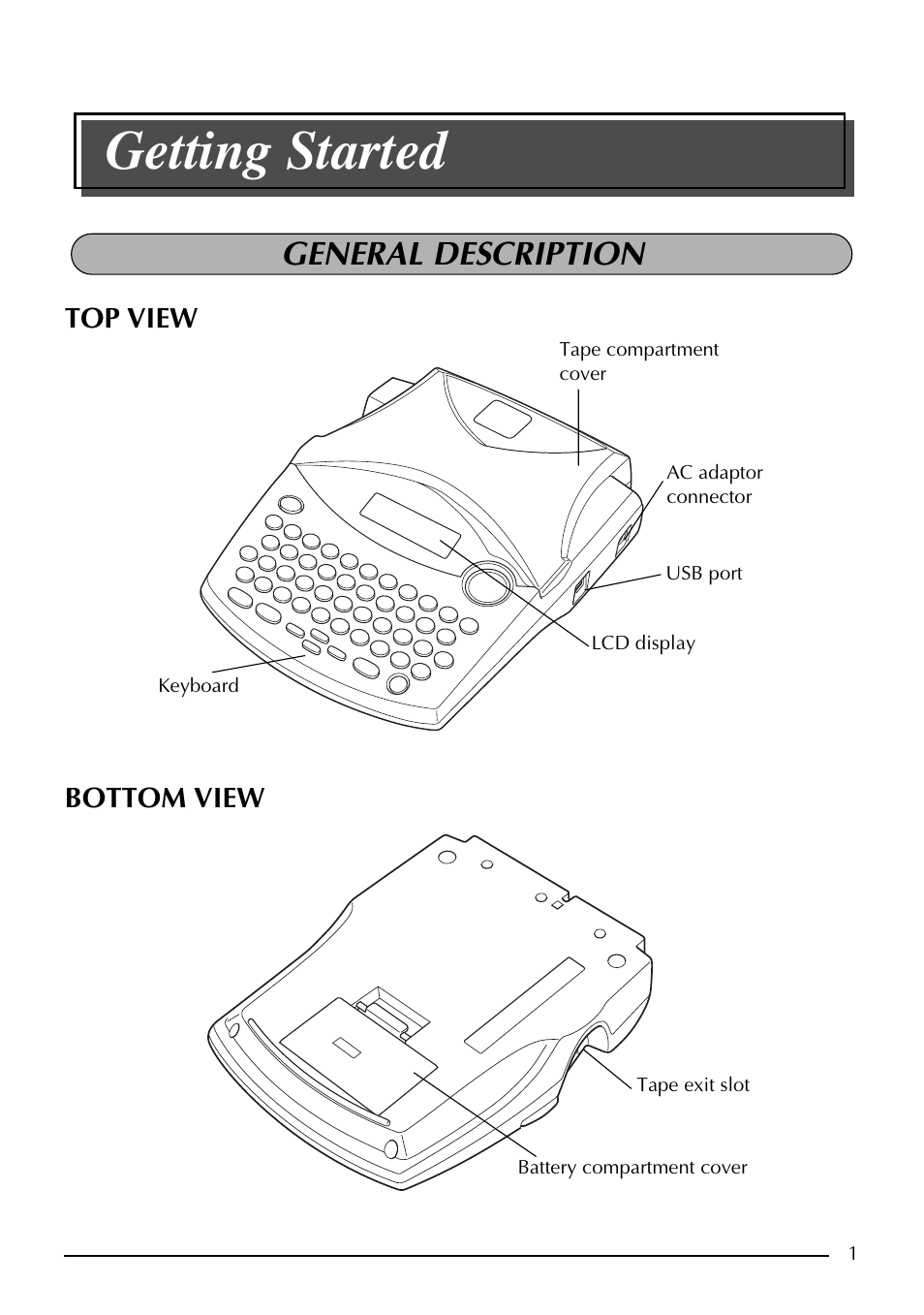 Getting started, General description, Top view bottom view | Brother PT-1960 User Manual | Page 9 / 104