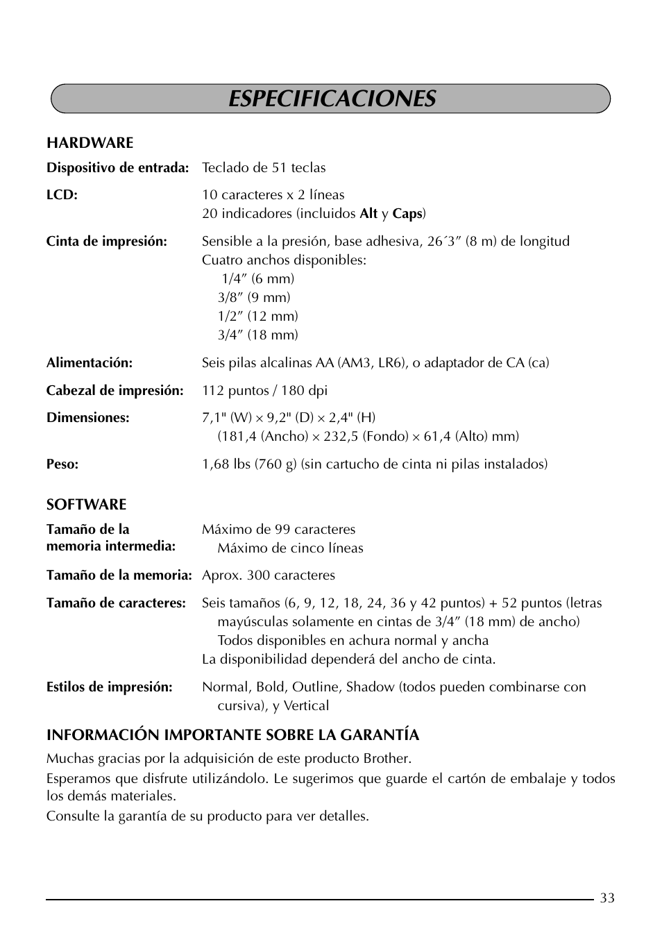 Especificaciones | Brother PT-1960 User Manual | Page 99 / 104